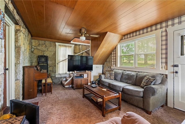 carpeted living room featuring ceiling fan and wooden ceiling