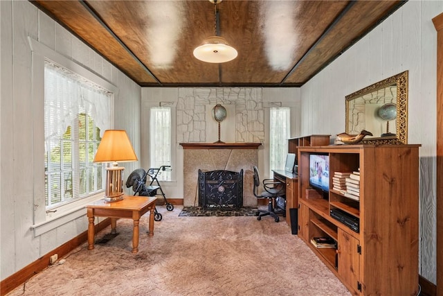 living area featuring carpet floors, wooden walls, and wooden ceiling