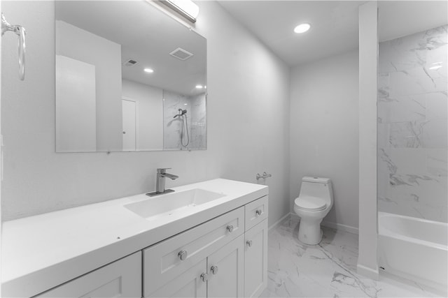 full bathroom with tiled shower / bath combo, vanity, and toilet