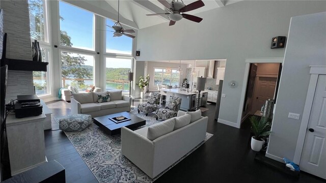 living room featuring high vaulted ceiling, dark hardwood / wood-style flooring, and ceiling fan