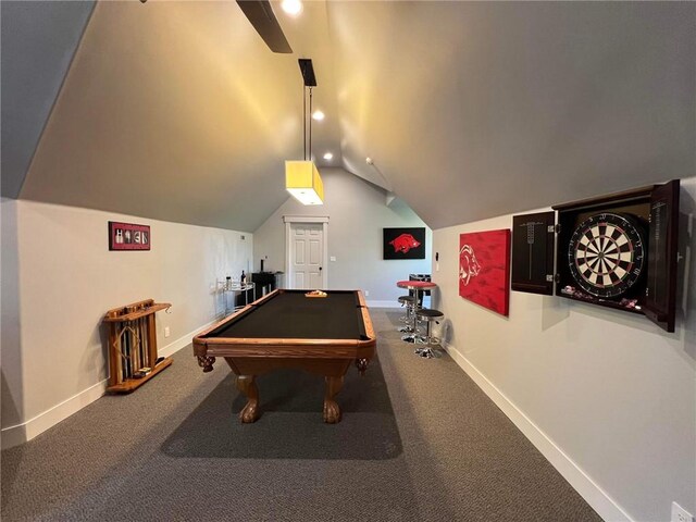 playroom featuring carpet floors, vaulted ceiling, and pool table