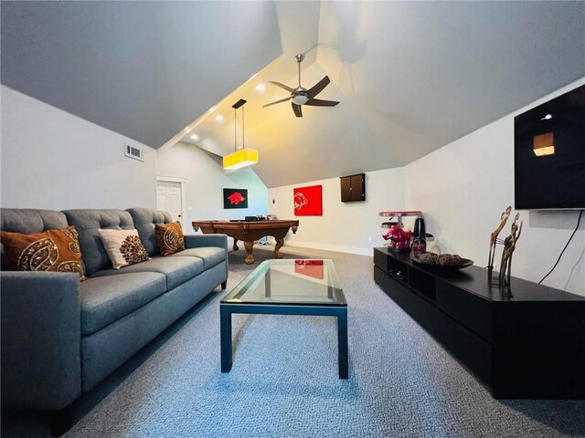 living room featuring carpet flooring, vaulted ceiling, billiards, and ceiling fan