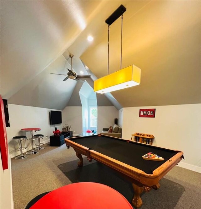 playroom with carpet flooring, ceiling fan, vaulted ceiling, and billiards