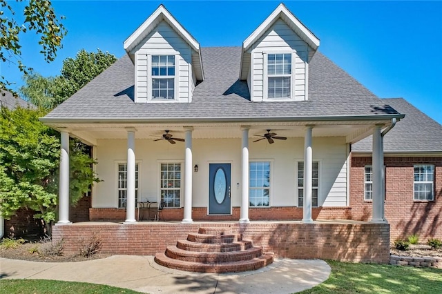 view of front of property with ceiling fan and a porch