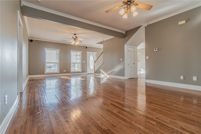 unfurnished living room with hardwood / wood-style flooring, ceiling fan, and ornamental molding