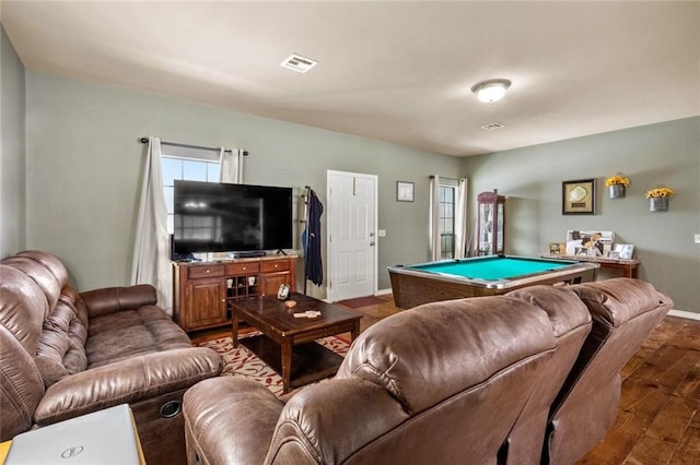 rec room featuring a healthy amount of sunlight, hardwood / wood-style flooring, and billiards