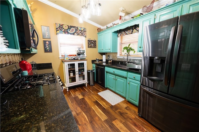 kitchen with range with gas cooktop, dishwasher, sink, crown molding, and stainless steel refrigerator with ice dispenser