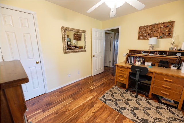 office featuring dark hardwood / wood-style flooring and ceiling fan