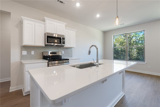 kitchen featuring appliances with stainless steel finishes, sink, and a kitchen island with sink