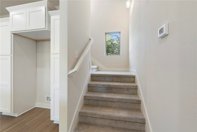 staircase featuring hardwood / wood-style flooring