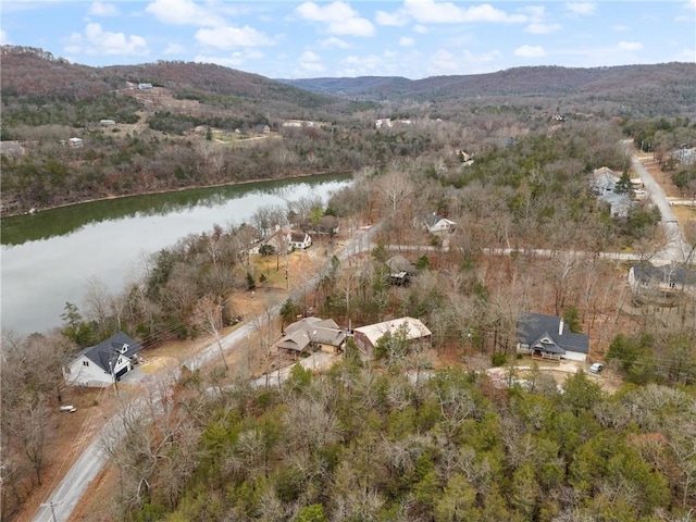 birds eye view of property with a water and mountain view