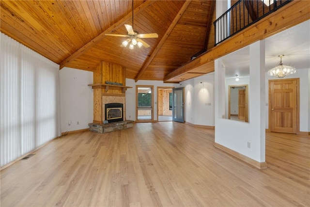 unfurnished living room with ceiling fan with notable chandelier, a stone fireplace, light wood-type flooring, and wooden ceiling