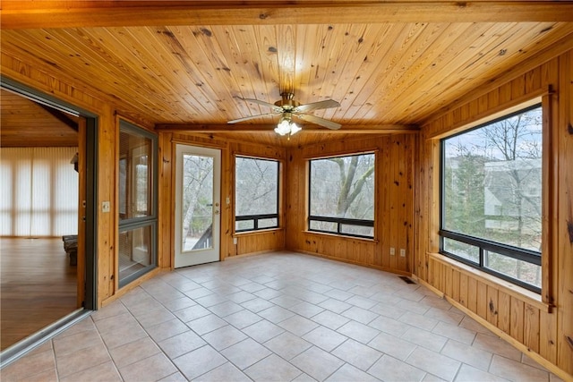 unfurnished sunroom featuring lofted ceiling, ceiling fan, a healthy amount of sunlight, and wood ceiling