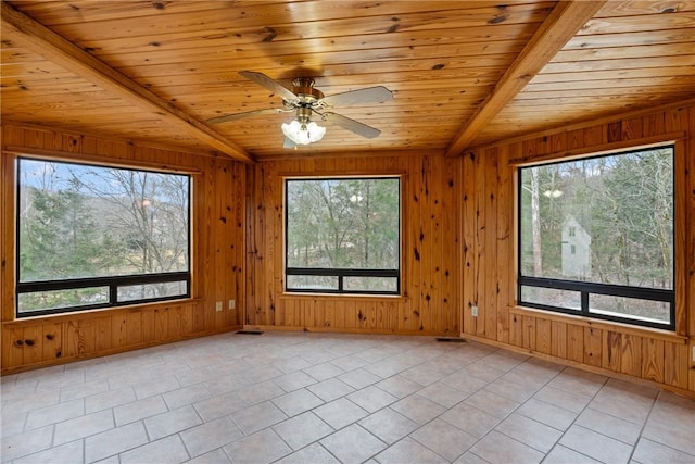 unfurnished room featuring wooden ceiling, a wealth of natural light, wooden walls, and light tile patterned flooring