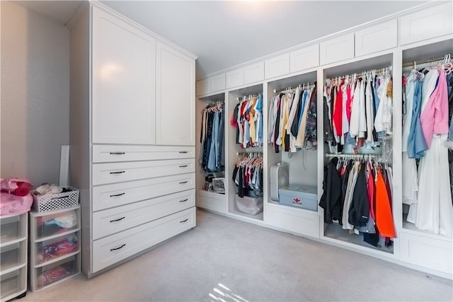 walk in closet with light colored carpet