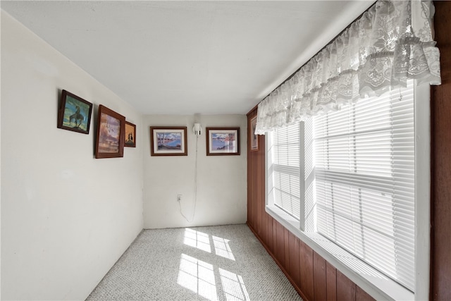 unfurnished room with light carpet and wooden walls