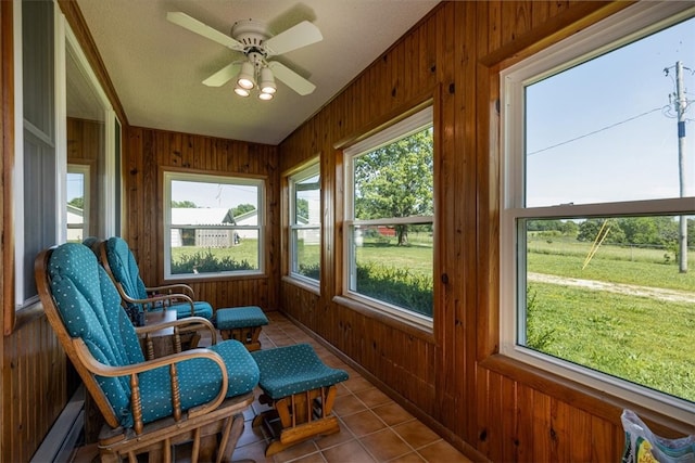 sunroom featuring ceiling fan