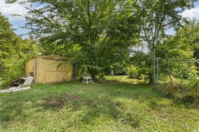 view of yard featuring a storage shed