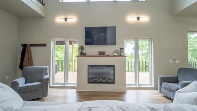 living room featuring a wealth of natural light, light wood-type flooring, and a high ceiling