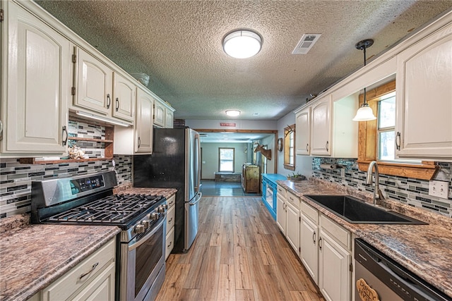 kitchen with sink, appliances with stainless steel finishes, a wealth of natural light, and light wood-type flooring