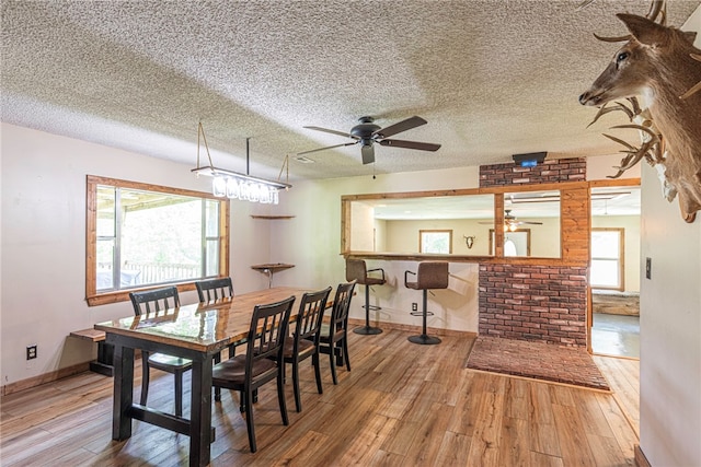 dining space with a textured ceiling, a wealth of natural light, hardwood / wood-style flooring, and ceiling fan