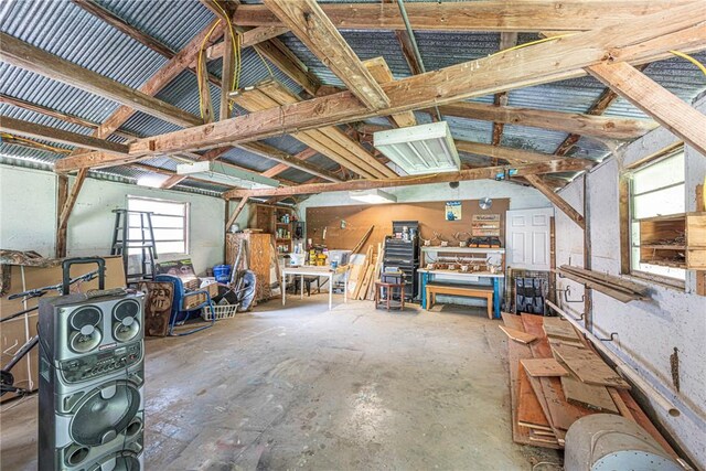 garage with a workshop area