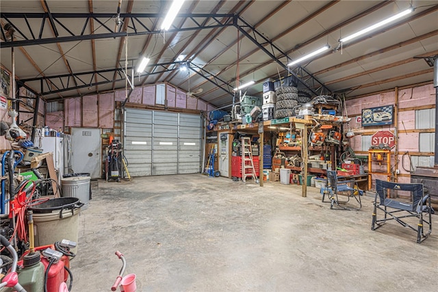 garage with a workshop area