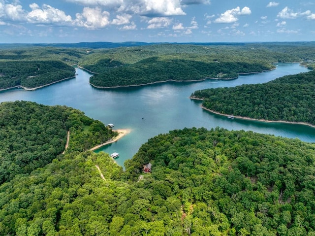 birds eye view of property featuring a wooded view and a water view