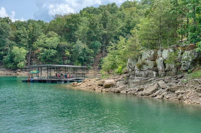 property view of water featuring a floating dock and a view of trees