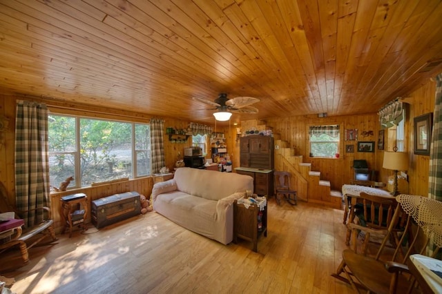 living area featuring wood walls, stairway, wood ceiling, light wood finished floors, and ceiling fan