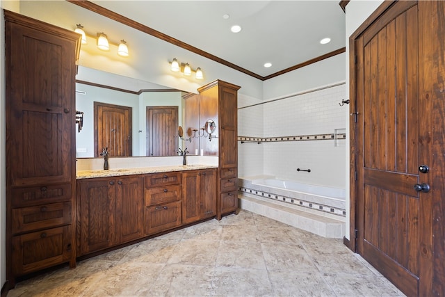 bathroom featuring shower with separate bathtub, vanity, and ornamental molding