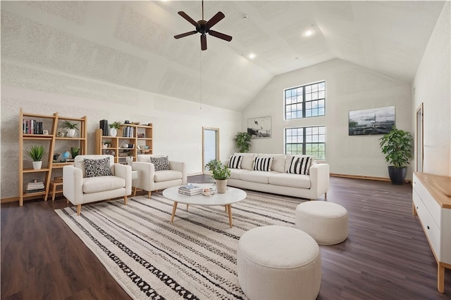 living room with high vaulted ceiling, ceiling fan, and dark hardwood / wood-style flooring