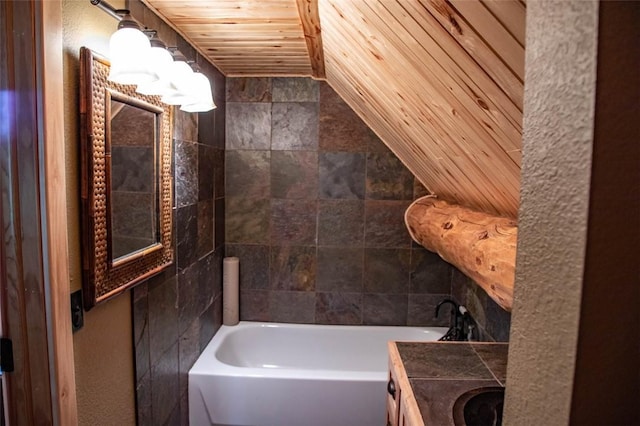 bathroom featuring wood ceiling, vanity, and tile walls