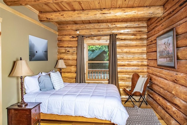 bedroom featuring wood ceiling, log walls, hardwood / wood-style flooring, and beamed ceiling