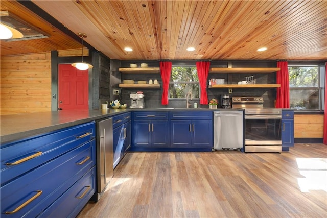 bar with appliances with stainless steel finishes, wooden walls, wood ceiling, blue cabinetry, and light hardwood / wood-style flooring