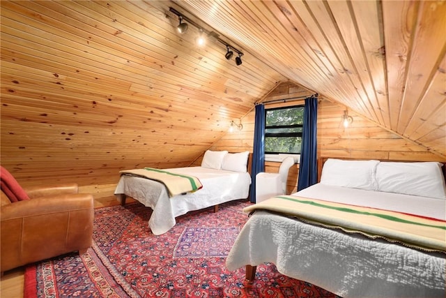 bedroom with lofted ceiling, rustic walls, and wooden ceiling