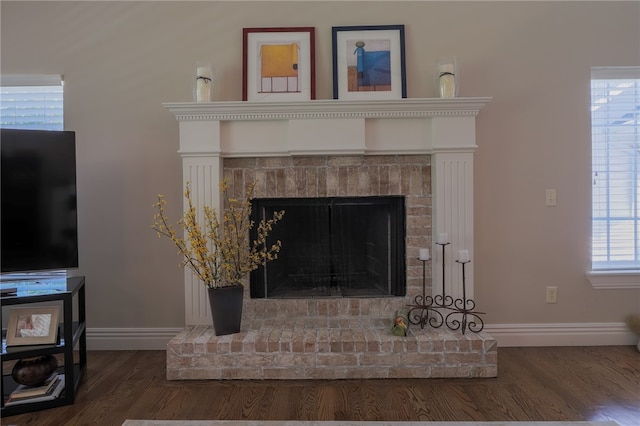 room details featuring hardwood / wood-style floors and a fireplace