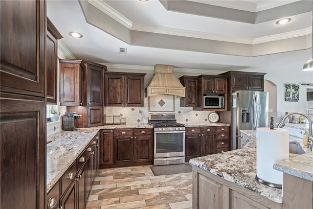 kitchen with crown molding, a tray ceiling, custom exhaust hood, appliances with stainless steel finishes, and decorative backsplash