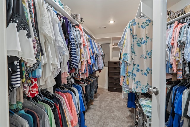 walk in closet with light carpet