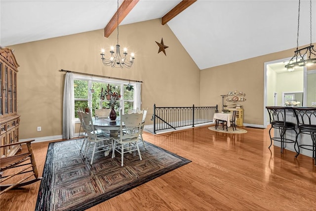 dining space featuring an inviting chandelier, beam ceiling, wood-type flooring, and high vaulted ceiling