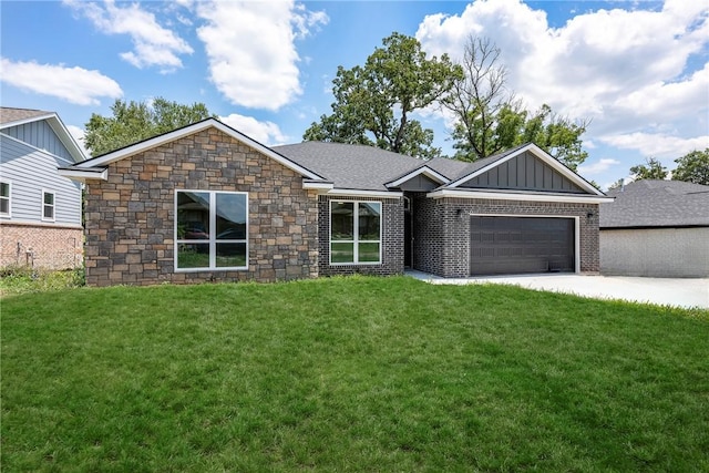 single story home with a garage, driveway, a front lawn, and board and batten siding