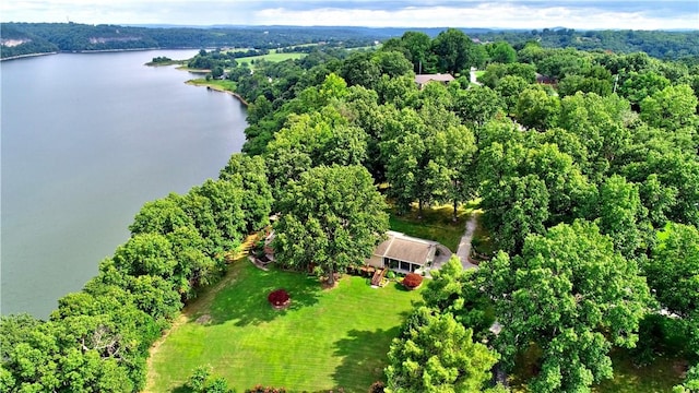 drone / aerial view featuring a forest view and a water view