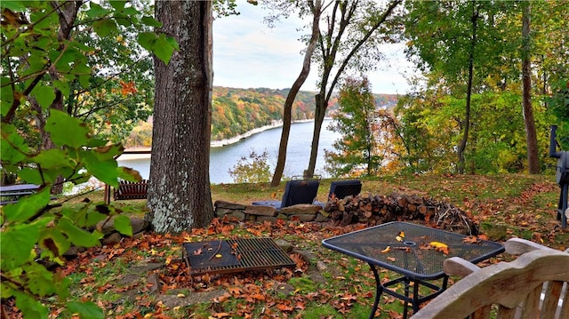 exterior space featuring a water view and a forest view