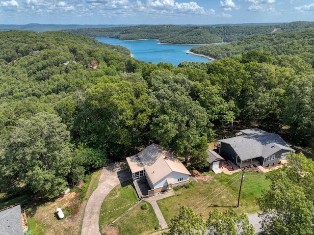 bird's eye view featuring a water view and a view of trees