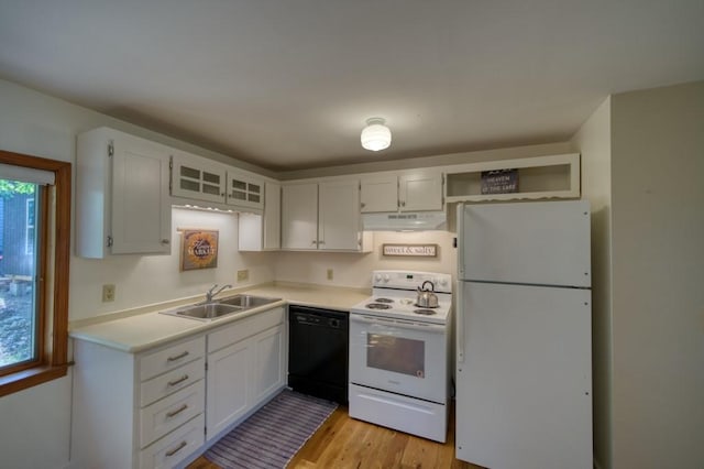 kitchen with white appliances, light countertops, under cabinet range hood, open shelves, and a sink