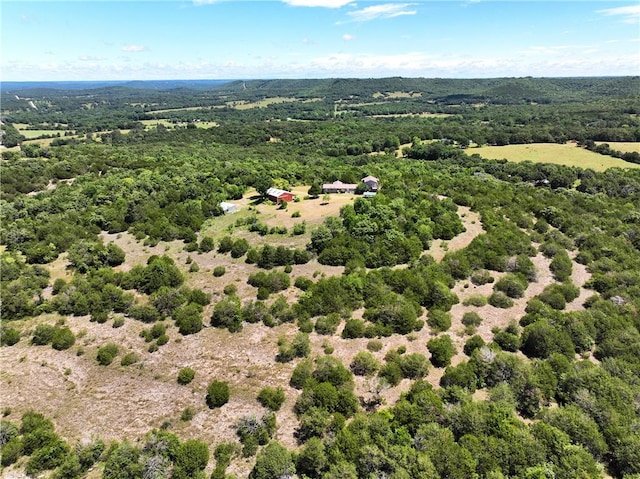 birds eye view of property featuring a wooded view