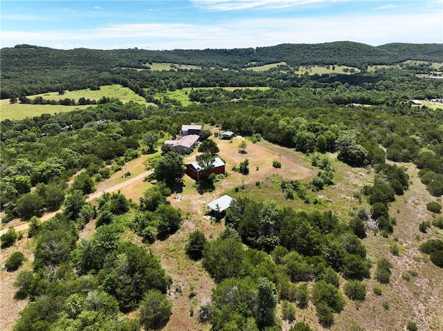 drone / aerial view featuring a wooded view