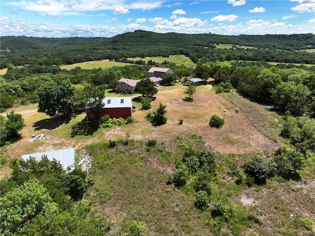 birds eye view of property with a mountain view and a wooded view