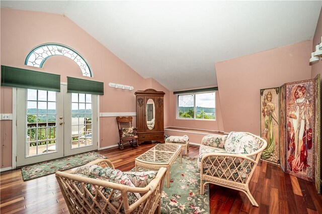 living room featuring wood-type flooring, french doors, and high vaulted ceiling