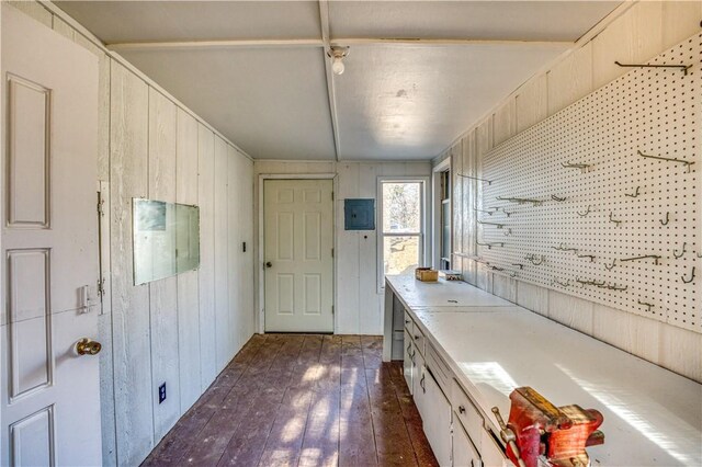 kitchen with wooden walls and dark hardwood / wood-style floors